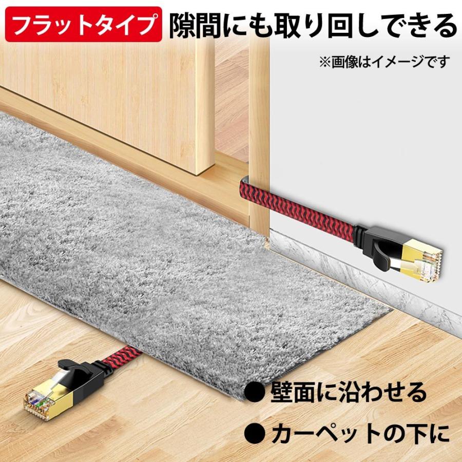 LANケーブル カテゴリー 6A CAT6A 伝送速度10Gbps 5m miwakura 美和蔵 強靭メッシュ フラットケーブル ツメ折れ防止カバー ブラック/レッド MEC-6AF5M-R ◆メ | ブランド登録なし | 03