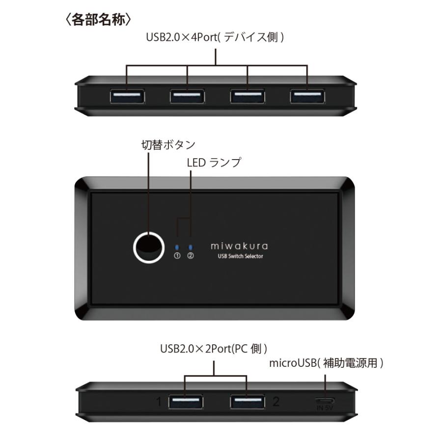 USB2.0切替器 4ポート PC2台/USB機器4台 miwakura 美和蔵 マウス/キーボード/プリンタ対応 スイッチ 補助電源用ケーブル付 ブラック MPC-USW42U2 ◆メ｜flashmemory｜04