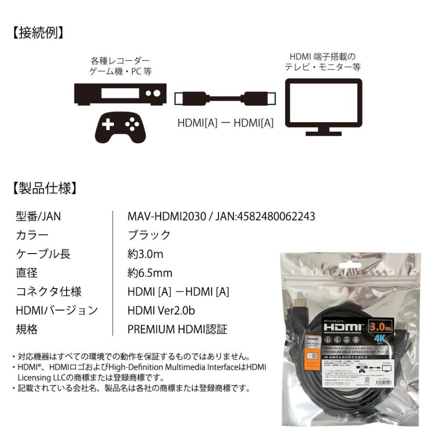 HDMIケーブル ver2.0 プレミアムハイスピード 3m miwakura 美和蔵 18Gbps / 4K 60Hz / HDR / 3D / イーサネット / ARC対応 300cm ブラック MAV-HDM2030 ◆メ | miwakura | 05