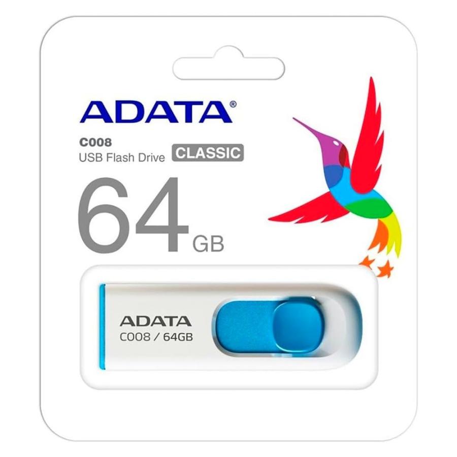 USBメモリ 64GB C008 ADATA エーデータ USB2.0 スライド式 キャップレス ホワイト/ブルー 海外リテール AC008-64G-RWE ◆メ | A-DATA | 01