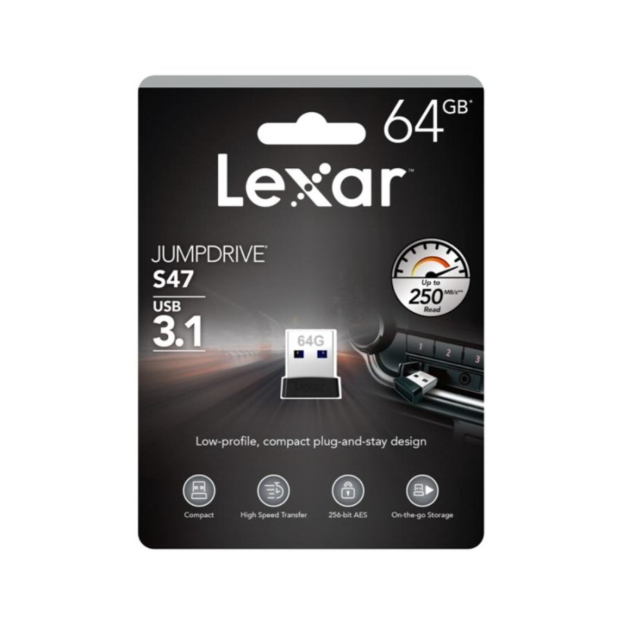 USBメモリ 64GB JumpDrive S47 超小型 Lexar レキサー 高速転送 R:250MB/s USB3.1 Gen1 USB3.0 ブラック 海外リテール LJDS047064G-BNBNJ ◆メ | Lexar | 01