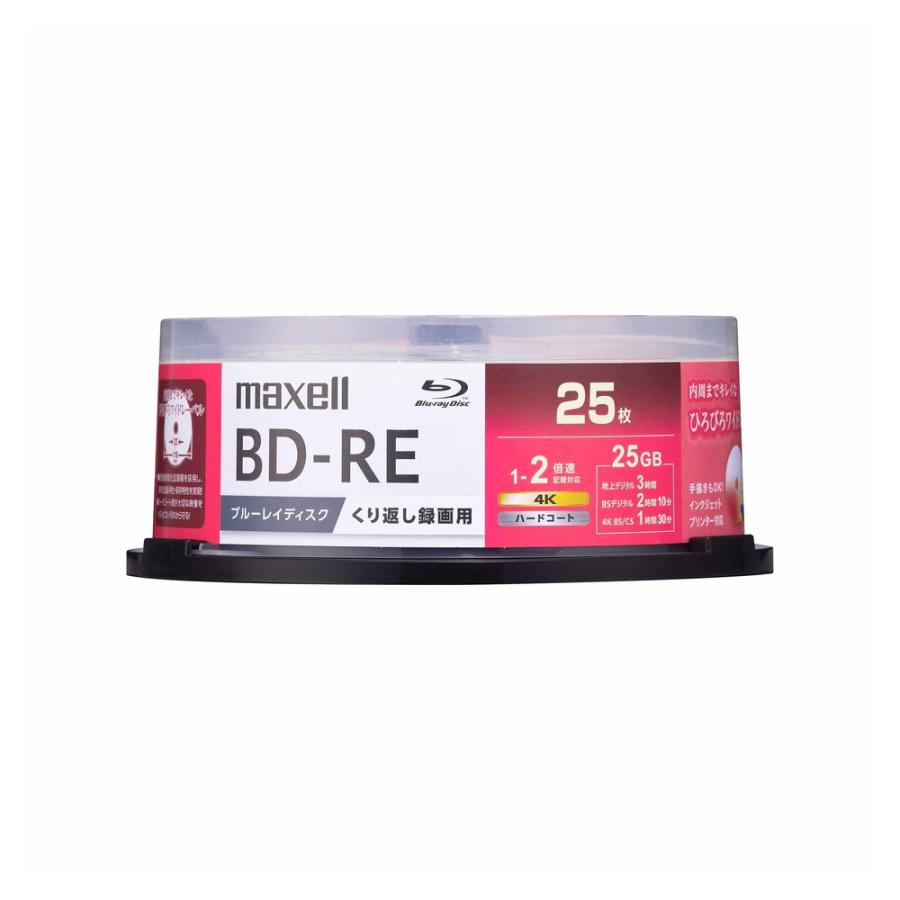 BD-RE くり返し録画用 25枚 maxell マクセル 1-2倍速 25GB 標準180分 インクジェット対応 ひろびろワイドレーベル スピンドルケース BEV25WPG.25SP ◆宅 | maxell | 01