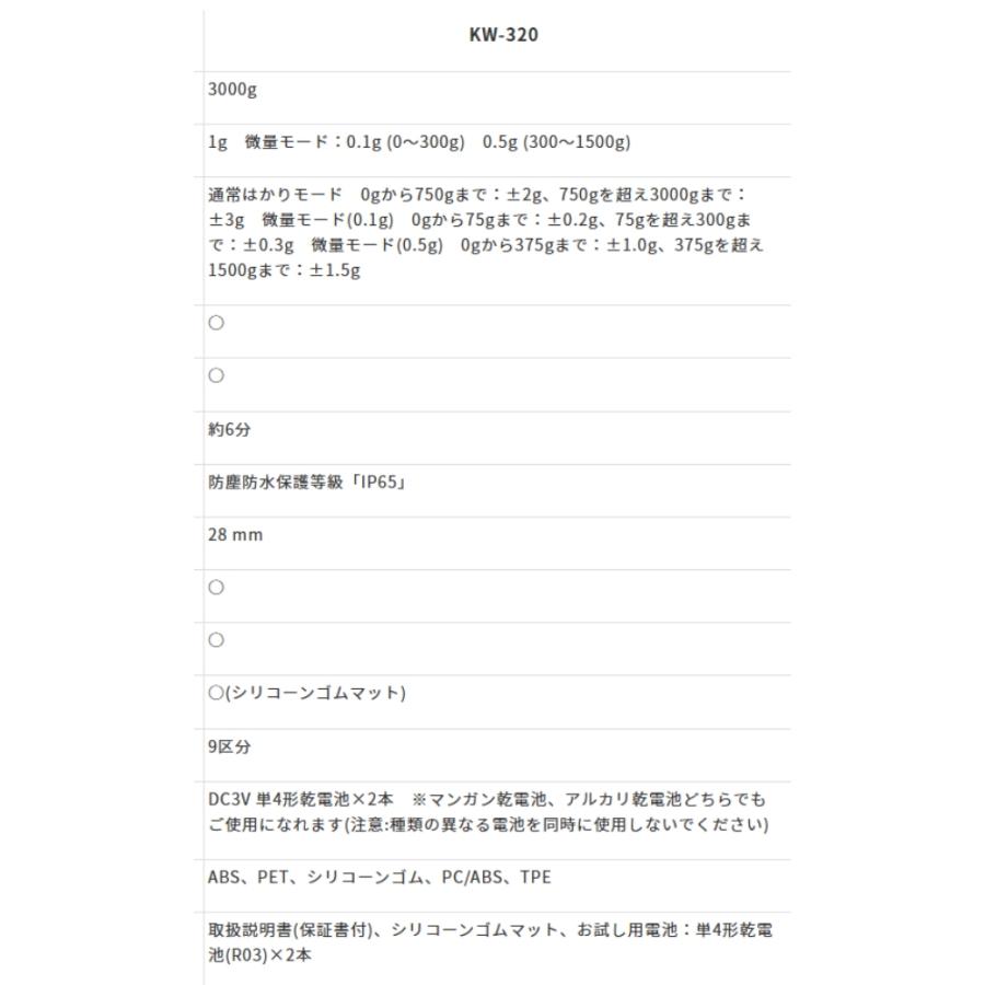 キッチンスケール KW-320 洗える クッキングスケール TANITA タニタ 防水 防塵 最大計量3kg 0.1g単位 mlモード 丸洗いOK ホワイト KW-320-WH ◆宅 | TANITA | 03