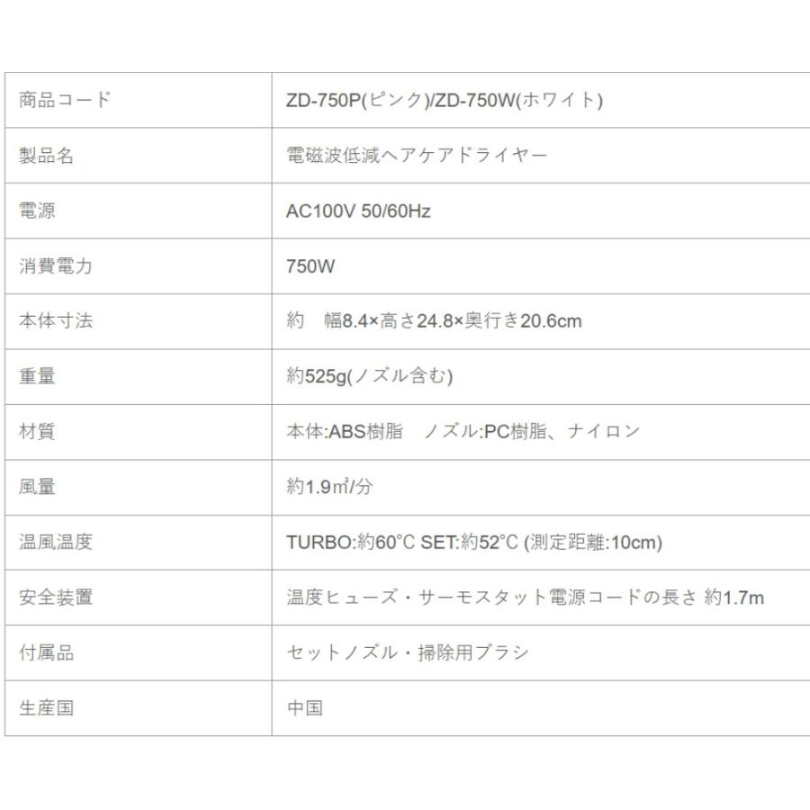 ヘアドライヤー 電磁波低減 ZD-750 ZENKEN ゼンケン 電磁波 カット ドライヤー 大風量 低温風 遠赤外線 マイナスイオン 静電気除去 ピンク ZD-750P ◆宅 | ゼンケン | 03