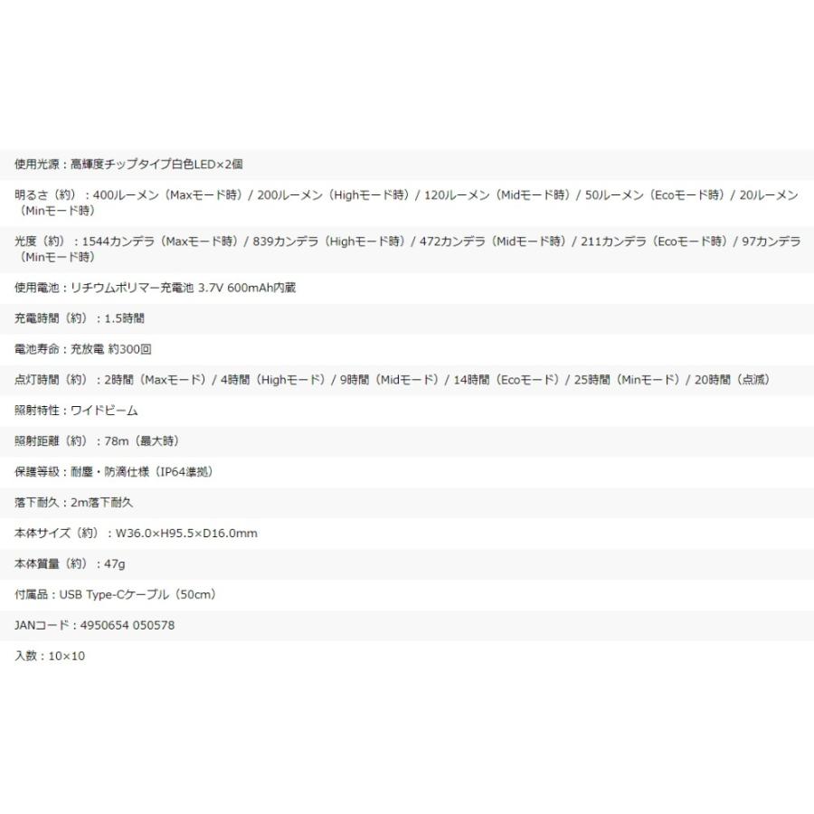 LED ハンディライト スリムライト 明るさ400lm GENTOS Plano ライトギア USB充電式 夜道 ウォーキング 5段階調光 耐塵 防滴 2m落下耐久 ブルー PO-400R ◆メ | GENTOS | 03