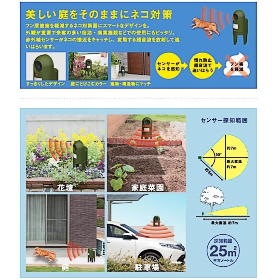超音波猫よけ 猫しっし ネコ対策 MUSASHI ムサシ RITEX 変動超音波2種切替 ネコ感知センサー 脱着式台座 乾電池式 グリーン REP-600 ◆宅 | ブランド登録なし | 02