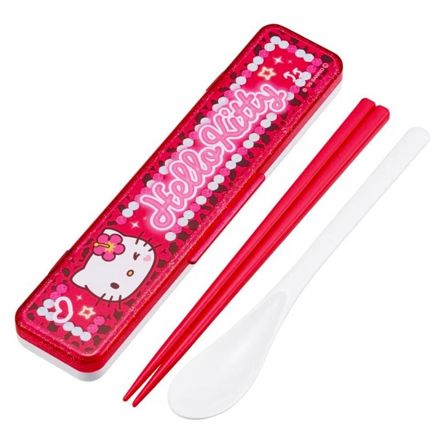 弁当用箸 ハローキティ スクール 音のならないコンビセット SKATER スケーター 箸/スプーン18cm すべり止め加工(箸先端) 収納ケース 552052-CCS3SA ◆メ | スケーター