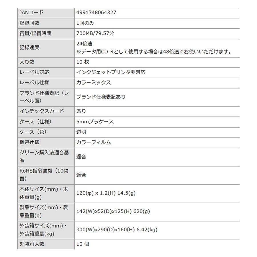 CD-R 音楽用 80分 10枚 Verbatim バーベイタム Phono-R 700MB 1-24倍速 レコード盤デザイン 5カラーミックス スリムケース入 MUR80PHS10V1 ◆宅 | Verbatim | 02