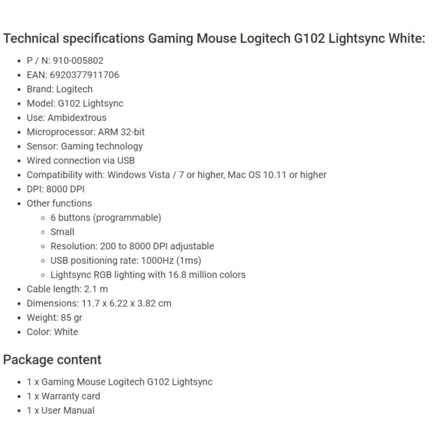 ゲーミングマウス G102 Logitech ロジテック 6ボタン USB接続 オプティカル 最大8000DPI 軽量85g 並行輸入品 ホワイト G102WH ◆宅 | ロジテック | 02