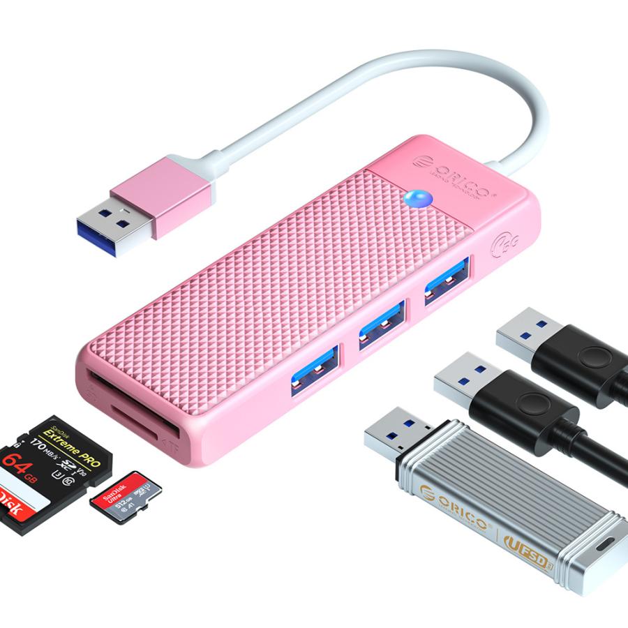 USB ハブ USB3.0 3ポート+カードリーダー ORICO 高速 USB-A/SDスロット/microSDスロット USB-Aケーブル(15cm) ピンク 海外リテール PAPW3AT-U3-015-PK-EP ◆メ |  | 01