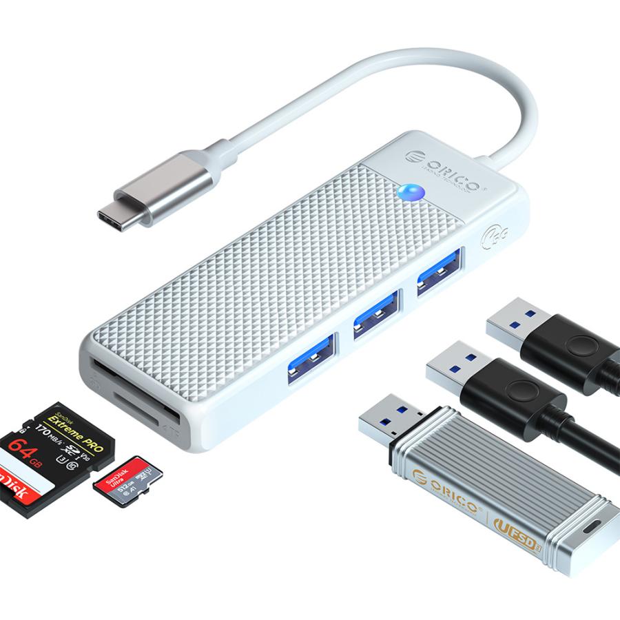 USB ハブ USB3.0 3ポート+カードリーダー ORICO USB-A/SDスロット/microSDスロット USB-Cケーブル(15cm) ホワイト 海外リテール PAPW3AT-C3-015-WH-EP ◆メ |  | 01