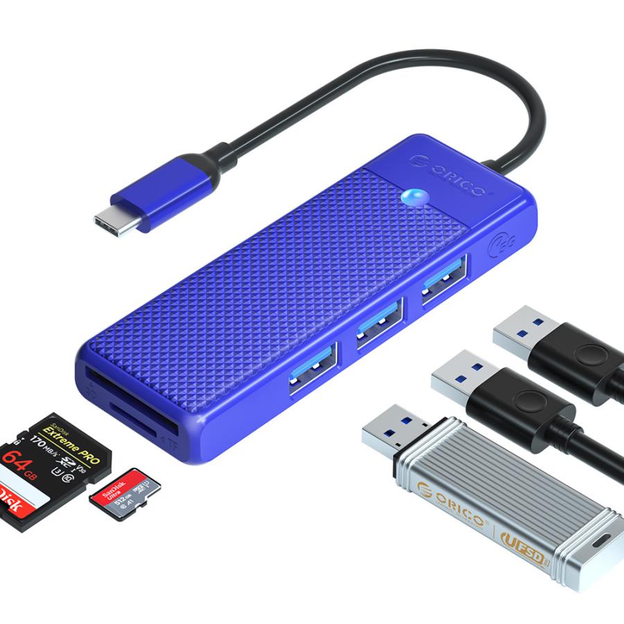 USB ハブ USB3.0 3ポート+カードリーダー ORICO USB-A/SDスロット /microSDスロット USB-Cケーブル(15cm) ブルー 海外リテール PAPW3AT-C3-015-BL-EP ◆メ |  | 01
