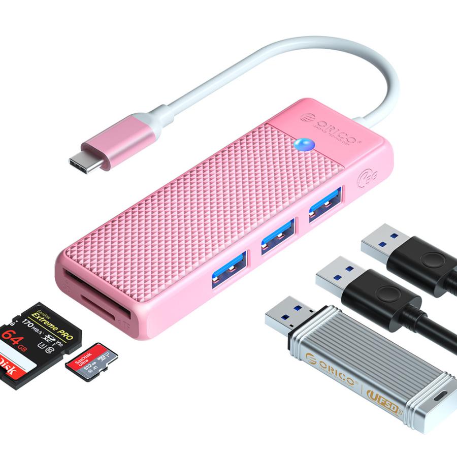 USB ハブ USB3.0 3ポート+カードリーダー ORICO USB-A /SDスロット/microSDスロット USB-Cケーブル(15cm) ピンク 海外リテール PAPW3AT-C3-015-PK-EP ◆メ |  | 01