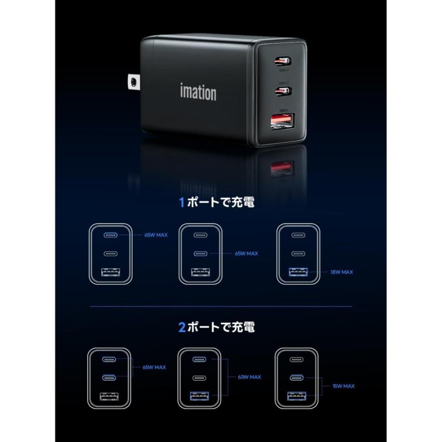 PD 65W AC充電器 3ポート imation イメーション GaN採用 3台同時充電 USB-C(PD65W) x2 / USB-A(QC3.0) x1 小型 折りたたみ式 スカイブルー IMCH500G-SB ◆宅 | イメーション | 03