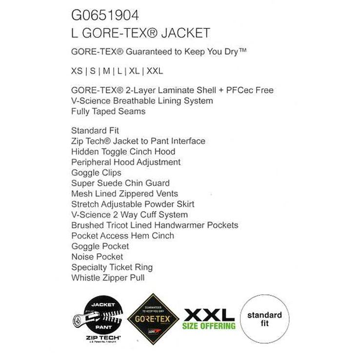 安い 19-20 ボルコム スノーウェア VOLCOM L GORE-TEX JACKET エルゴアテックスジャケット G0651904