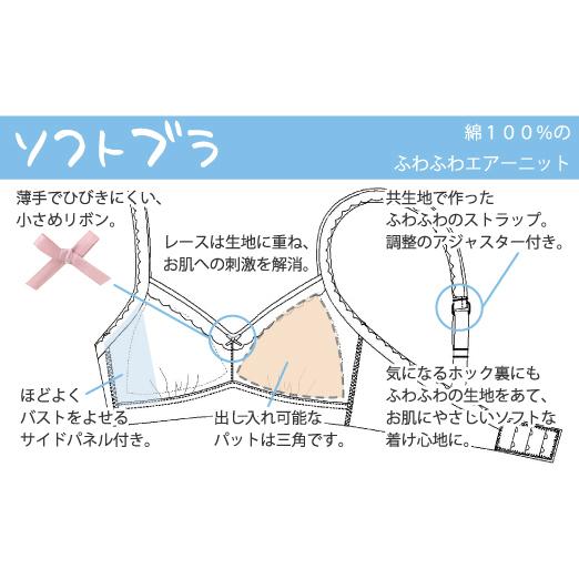 ブラジャー ソフトブラ ナイトブラ お肌にやさしい下着 Fleep フリープ 綿100％ ノンワイヤー 後ろホック 3段階調節 日本製 ネコポス可 82062 S M L LL bra | Fleep | 19