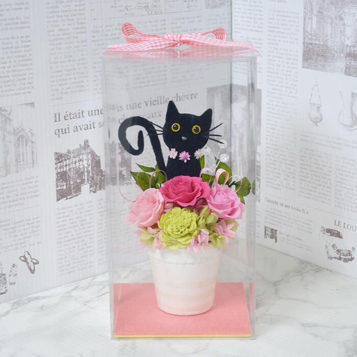 プリザーブドフラワー クロネコ 黒猫 アレンジメント 贈り物 プレゼント フラワーギフト 花 誕生日 結婚祝い 結婚記念日
