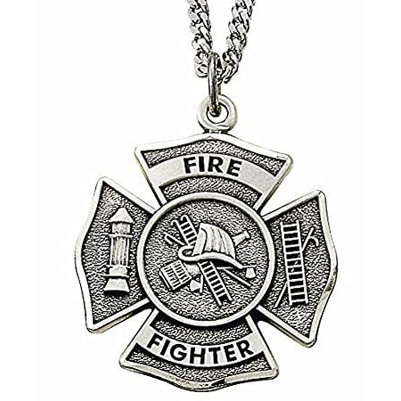 割引 【送料無料】スターリングシルバー1 " Fireman 24インチステンレススチールチェーン on Back withフロリアヌスon Medal Shield ネックレス、ペンダント