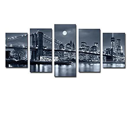 日本未上陸の商品を多数取り揃えております！【送料無料】Noah Art モダンブリッジアートワーク ブルックリン橋 ニューヨークの夜景 風景 ウォールアート 白黒 建築写真 キャンバスプリント L 5 ピ