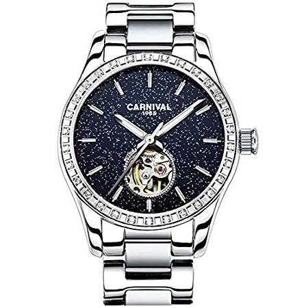 CARNIVAL レディース スケルトン 自動機械式 合成サファイア クリスタル ローズゴールド ステンレススチール レディース サファイア 防水 ホ