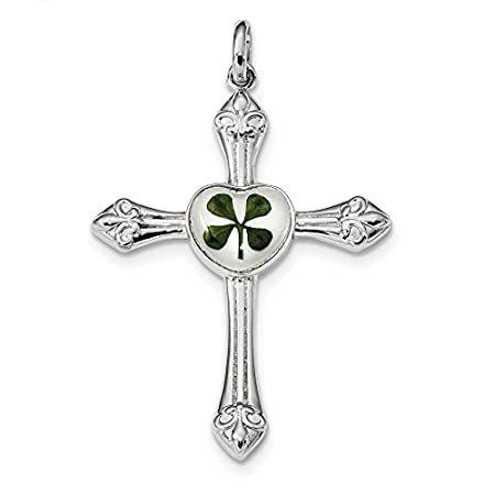 925 Sterling Silver Plat. Plated Real Clover Epoxy and Shell Cross Pendant