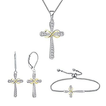 YL Women's Cross Necklace Sterling Silver Cubic Zirconia Infinity Cross Ear