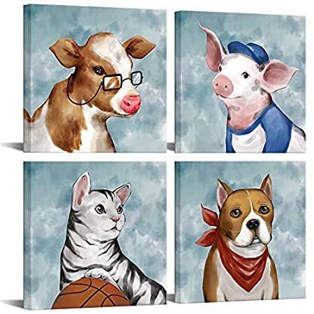 送料無料 保育園 Biuteawal 4ピース ウォールアート 動物 キャンバスプリント 面白い牛 面白い牛 豚 猫 アートワーク 犬の絵 カラフルなペット アートワーク 家庭 保育園 キッズ B093zmm1 フルール店