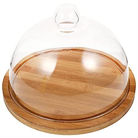 Happyyami Set Glass Dome Cloche with Wooden Base Clear Glass Dessert Cake