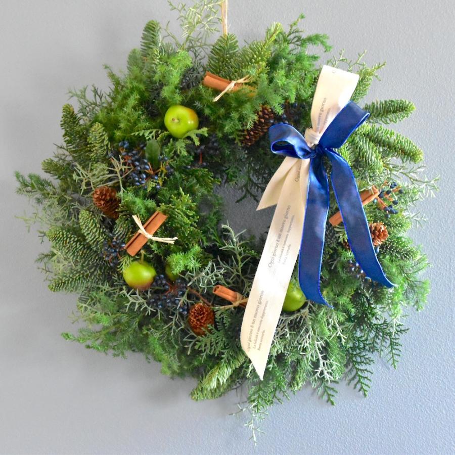 20cm/針葉樹ブルーバードと紫陽花のころんとグリーンリース/Xmas 20cm/針葉樹ブルーバードと紫陽花のころんとグリーンリース/Xmas 20cm