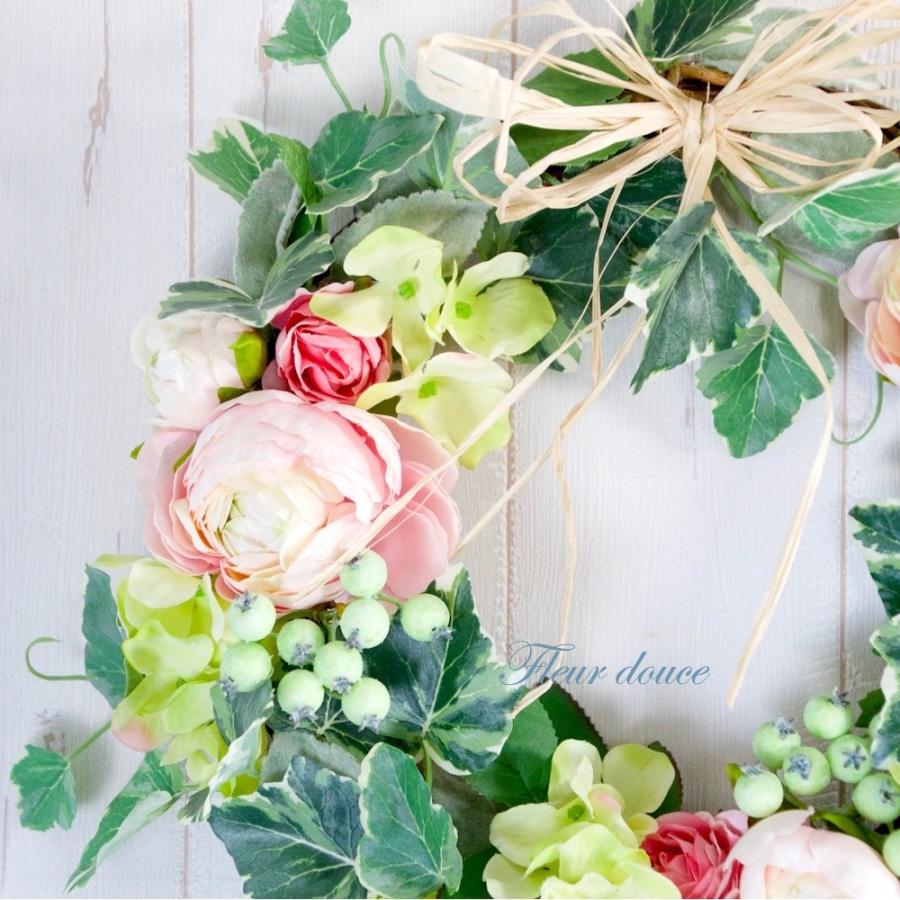 リース　玄関　おしゃれ　ピンク　バラ　ギフト　プレゼント　ローズ　アジサイ　ラナンキュラス　送料込 30cm |  | 01