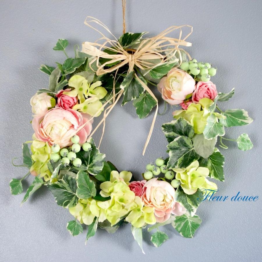 リース　玄関　おしゃれ　ピンク　バラ　ギフト　プレゼント　ローズ　アジサイ　ラナンキュラス　送料込 30cm |  | 05