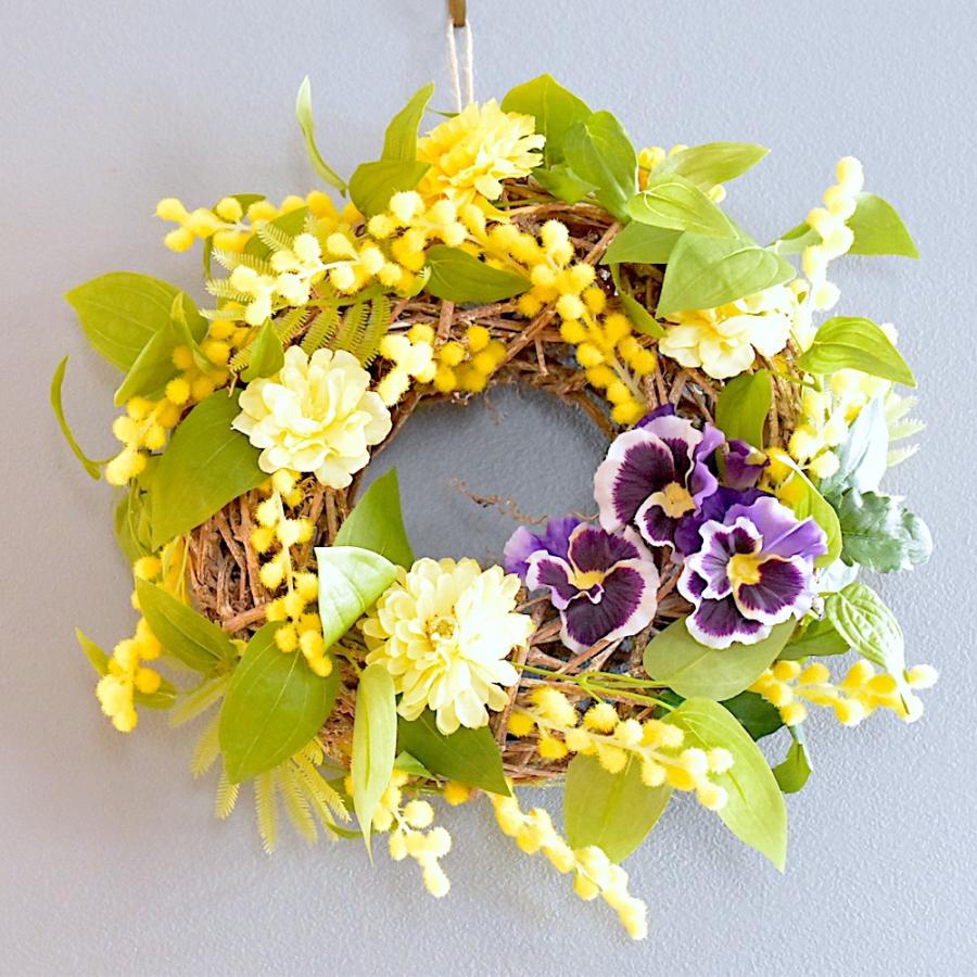 you☘️ミモザリース30cm☘️リピ割あり リース 玄関 ミモザ パンジー ビオラ 春 ミモザのリース 30cm ギフト