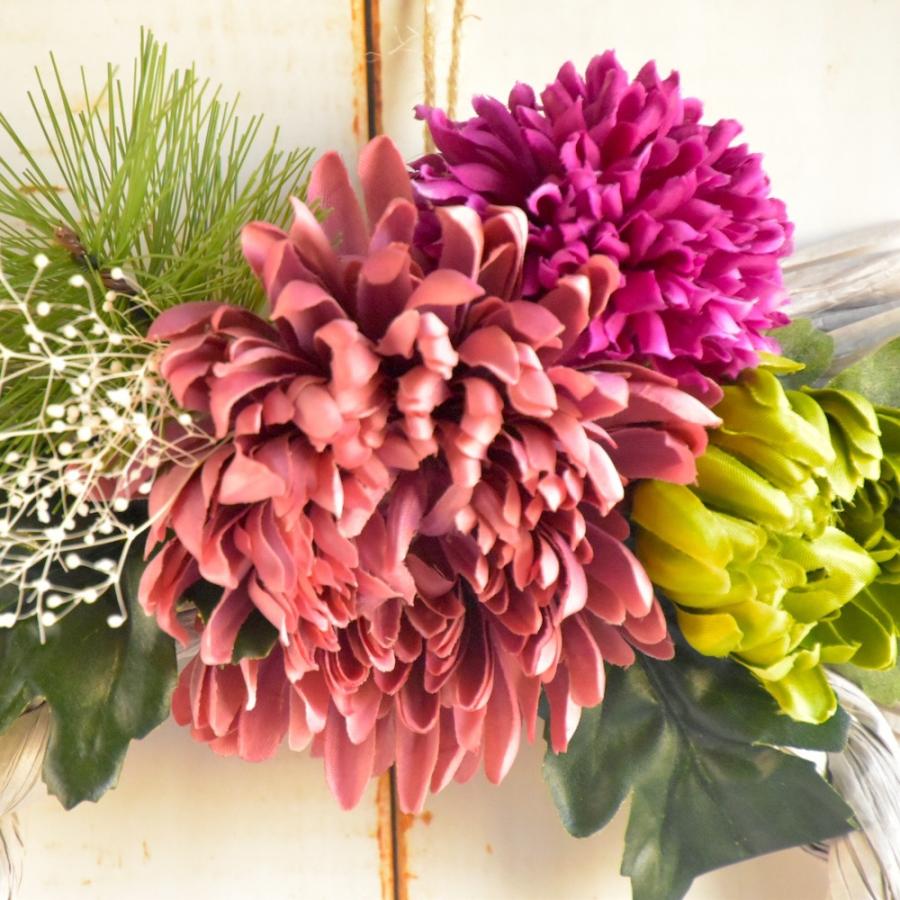 お正月飾り モダン 洋風 しめ縄 リース ピンク グリーン 菊 : Fleur