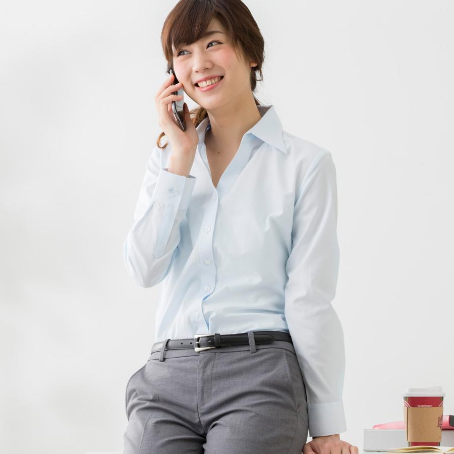 開襟 ブラウス ワイシャツ レディース オフィス スリム ベルカラー  サックス 青 水色 / lo2103 | FLiC