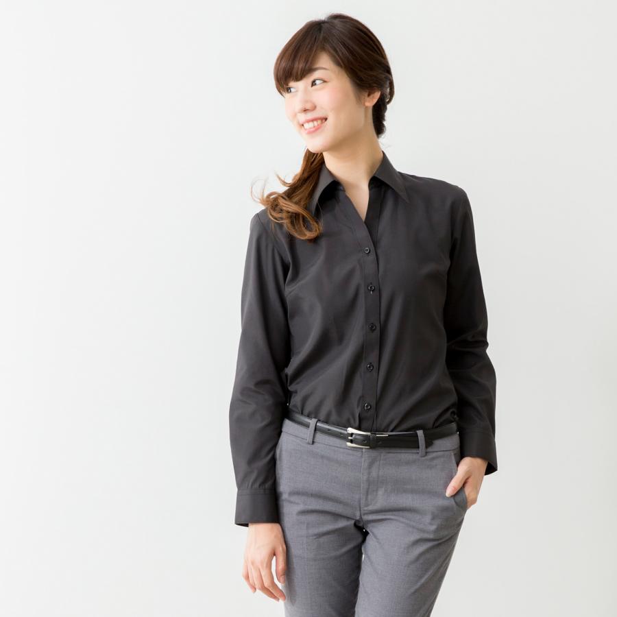 開襟 ブラウス ワイシャツ レディース オフィス スリム ベルカラー  ブラック 黒 / lo2104 | FLiC | 02