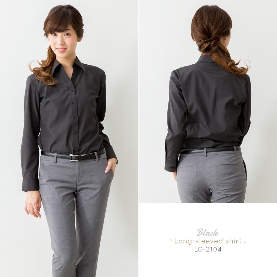 開襟 ブラウス ワイシャツ レディース オフィス スリム ベルカラー  ブラック 黒 / lo2104 | FLiC | 03
