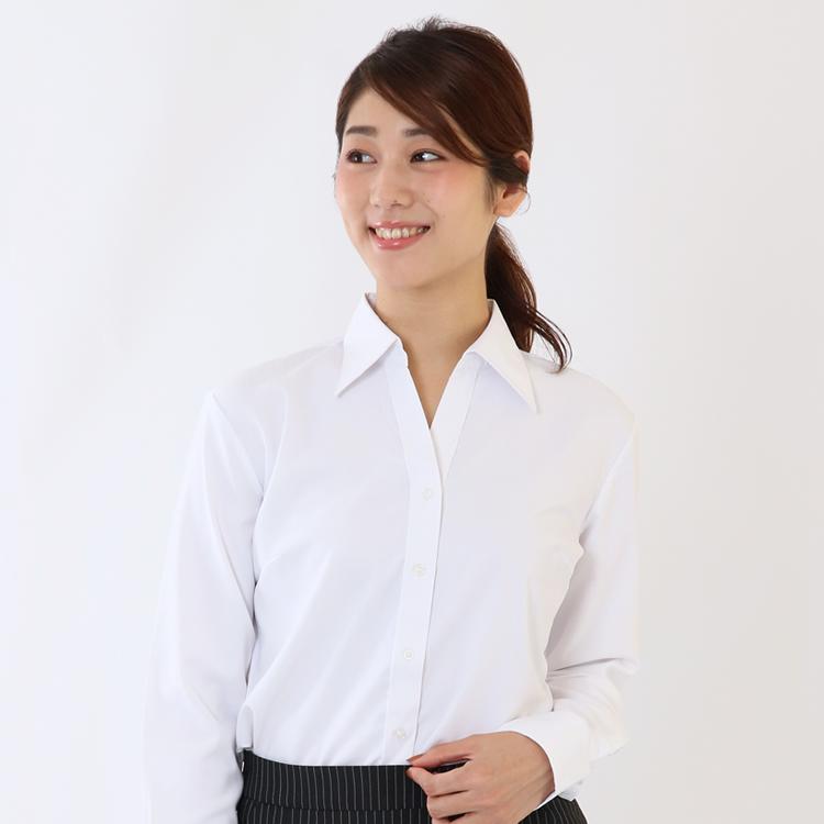 開襟 ブラウス ストレッチ ワイシャツ レディース オフィス 長袖 Yシャツ ビジネス 作業着 制服 スリム 伸びる 事務服 ホワイト lo2113 | FLiC
