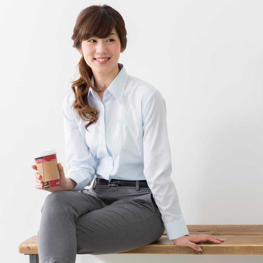 レギュラーカラー ブラウス ワイシャツ レディース オフィス スリム サックス 青 水色 / lr2003 | FLiC | 02