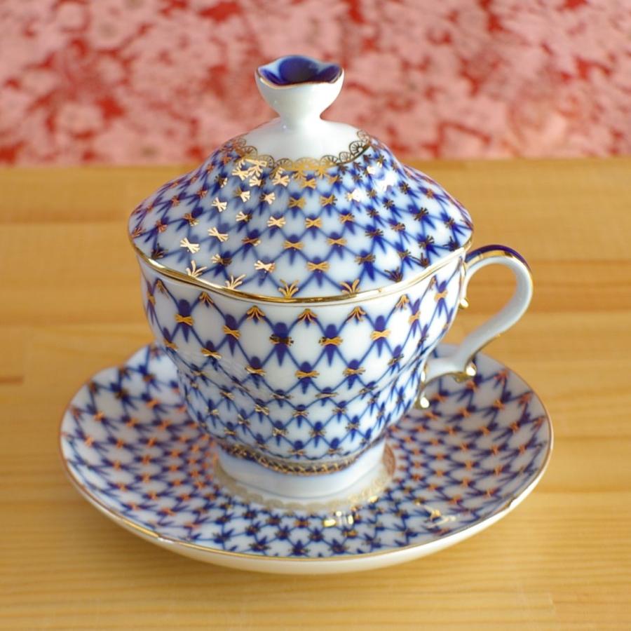 ロモノーソフ LOMONOSOV コバルトネット カップソーサー プレート ペア ロモノーソフ LOMONOSOV コバルトネット カップソーサー
