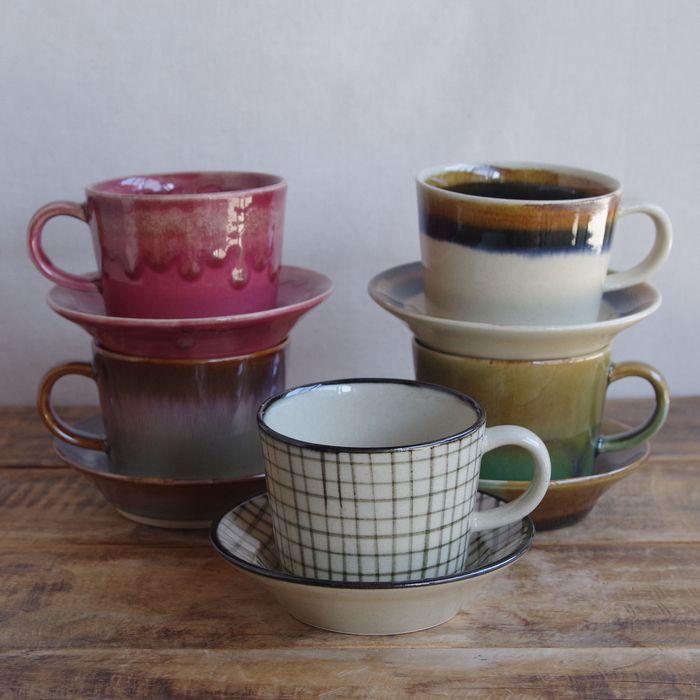 波佐見焼 コーヒーカップ ソーサー Folk Design 陶器 土もの 格子 渕釉