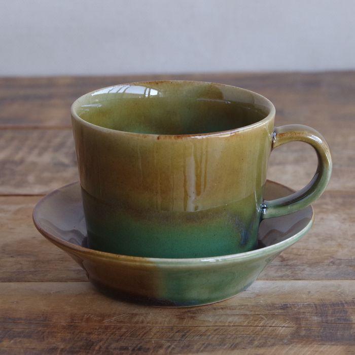 波佐見焼 コーヒーカップ ソーサー Folk Design 陶器 土もの 格子 渕釉