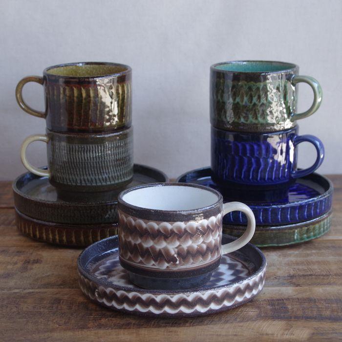 波佐見焼 コーヒーカップ ソーサー Folk Design 陶器 土もの 青釉打ち
