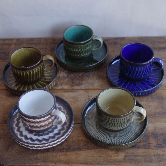 波佐見焼 コーヒーカップ ソーサー Folk Design 陶器 土もの 青釉打ち