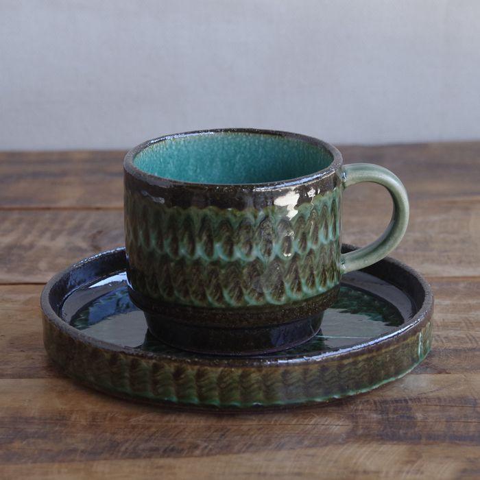 波佐見焼 コーヒーカップ ソーサー Folk Design 陶器 土もの 青釉打ち