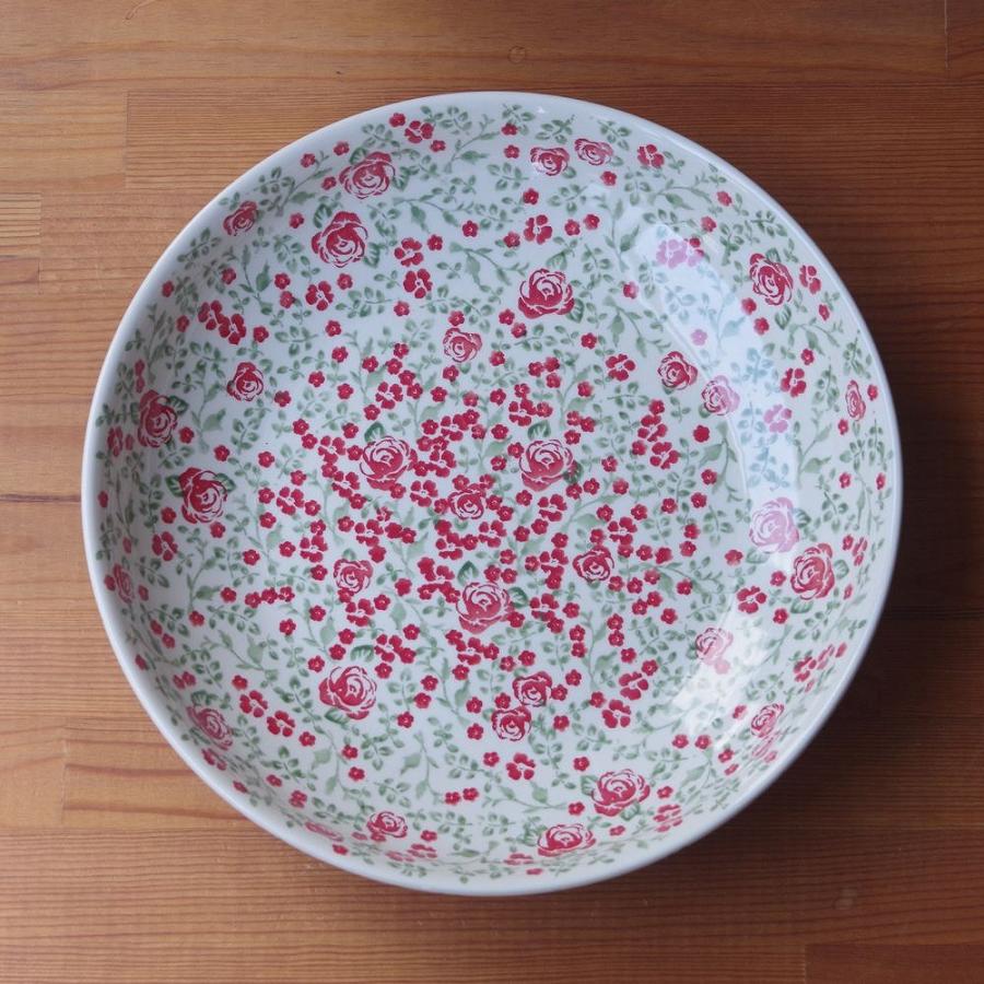 ポーリッシュポタリー ポーランド食器 大皿 大鉢 30cm 赤 薔薇 花柄 お