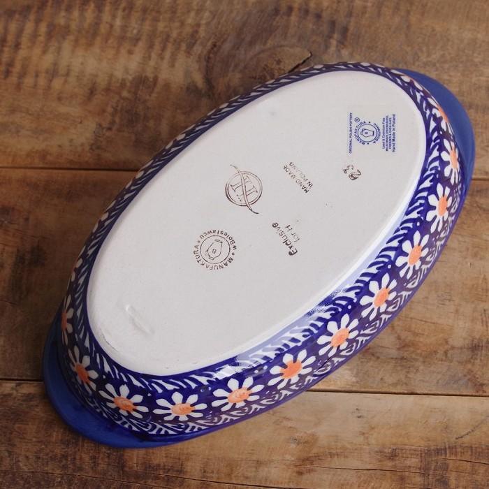 ポーランド食器 ポーリッシュポタリー グラタン皿 持ち手付き オーバルボウル ネイビー 白 マーガレット 花柄 ガーベラ P149-ALC5_5