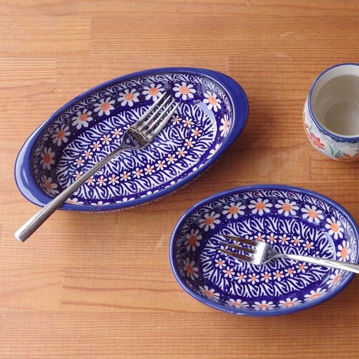 ポーランド食器 ポーリッシュポタリー グラタン皿 持ち手付き オーバルボウル ネイビー 白 マーガレット 花柄 ガーベラ P149-ALC5_6
