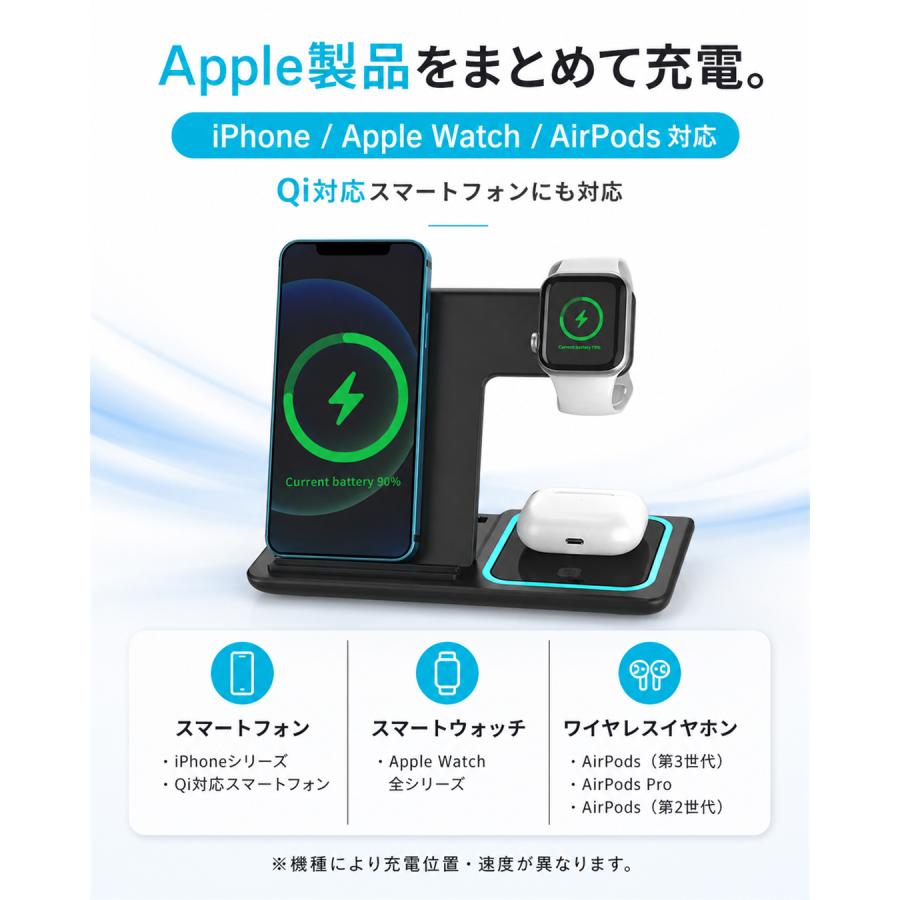 ワイヤレスモバイルチャージャー ワイヤレス充電器 折り畳み式 ワイヤレス 充電器 3in1 最大15w iPhone