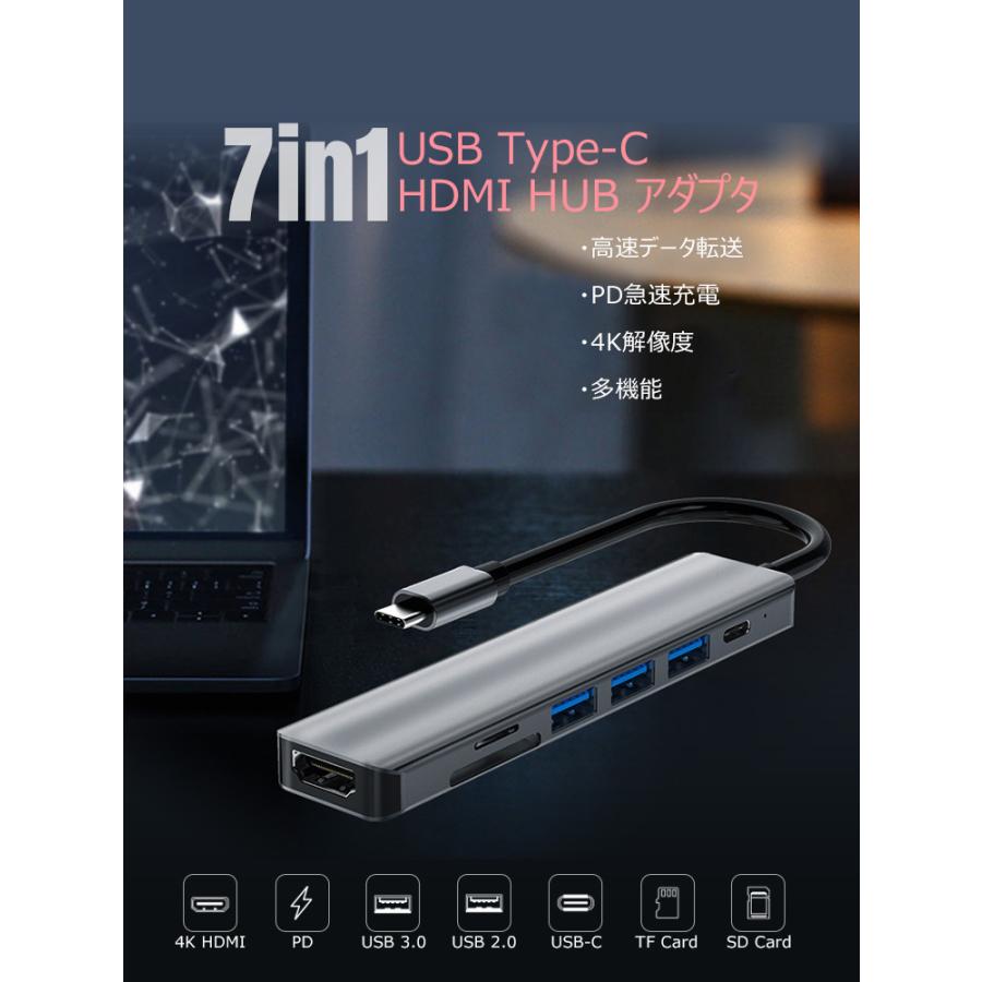 type-c typec ハブ 7in1 HDMI 4K USB3.0 PD87w対応 SD microSDカードリーダー USB変換アダプター MacBook ノートパソコン ノートPC surface iPad｜flora-s｜02