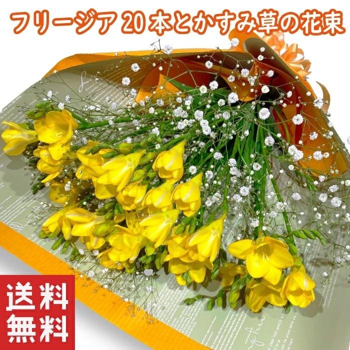 フリージア 20本 かすみ草 花束 ブーケ誕生日 花 ギフト 春 香り